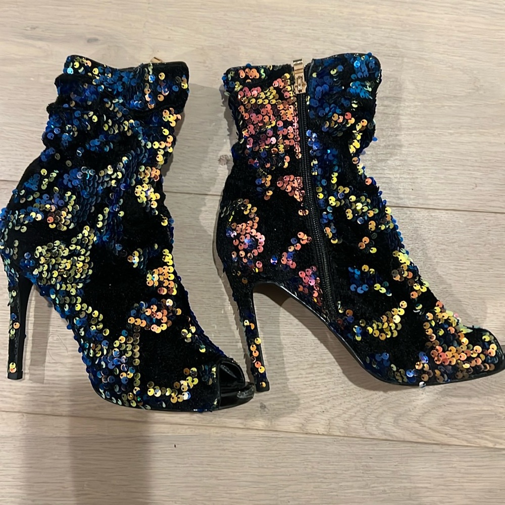 Peep toe booties, sequins, iridescent, size 7.5